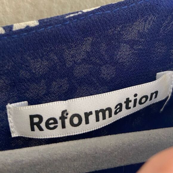 Reformation Quest Mini Blue Dress Soho Print Size 12 - Picture 7 of 8